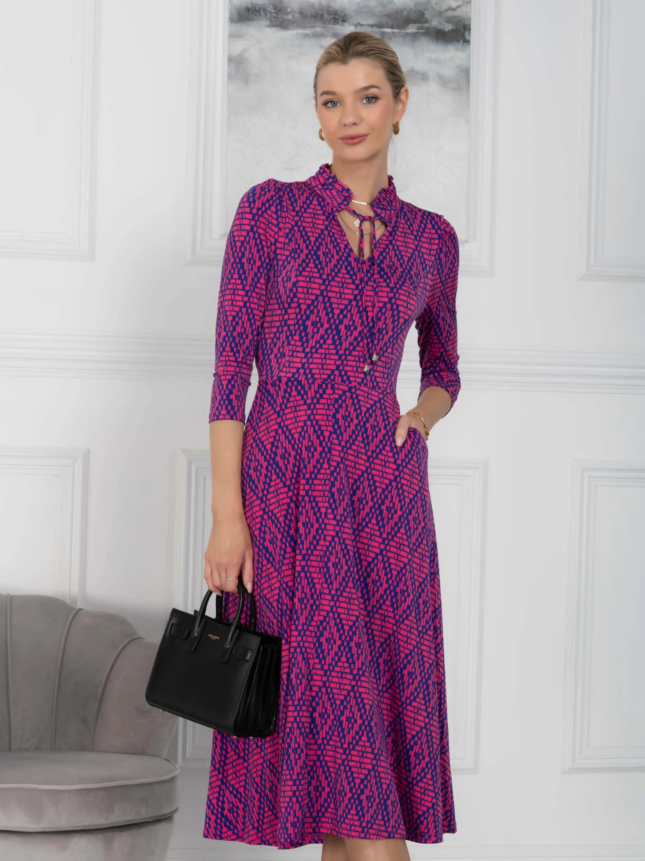 Jennifer Tie Neck Midi Dress, Pink Multi