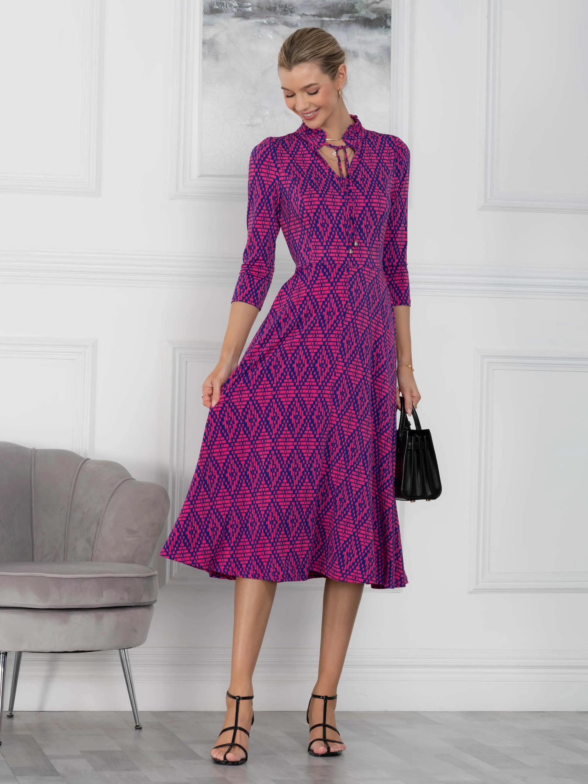Jennifer Tie Neck Midi Dress, Pink Multi