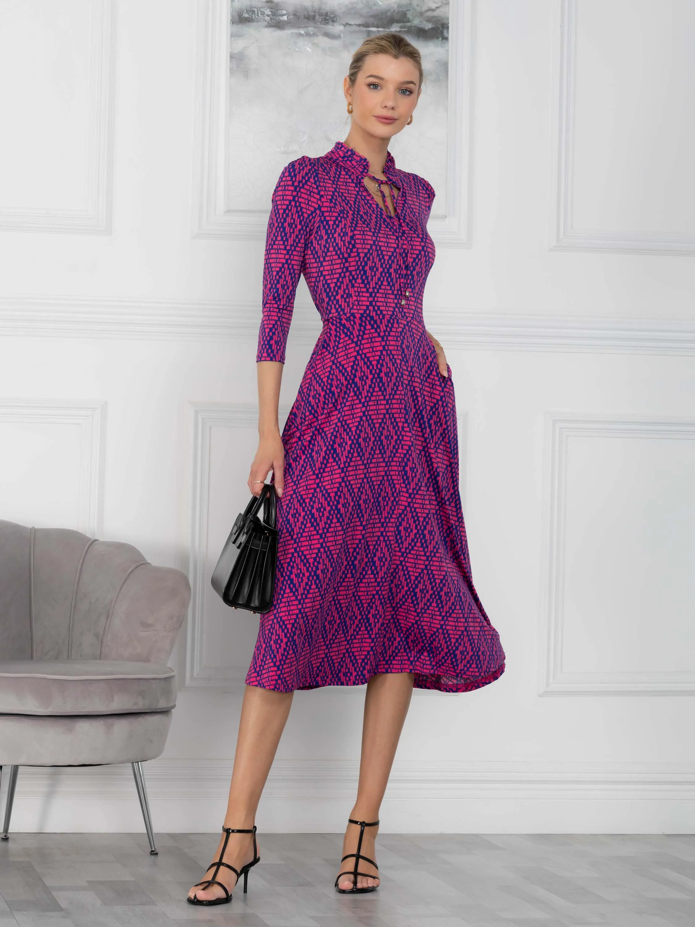 Jennifer Tie Neck Midi Dress, Pink Multi