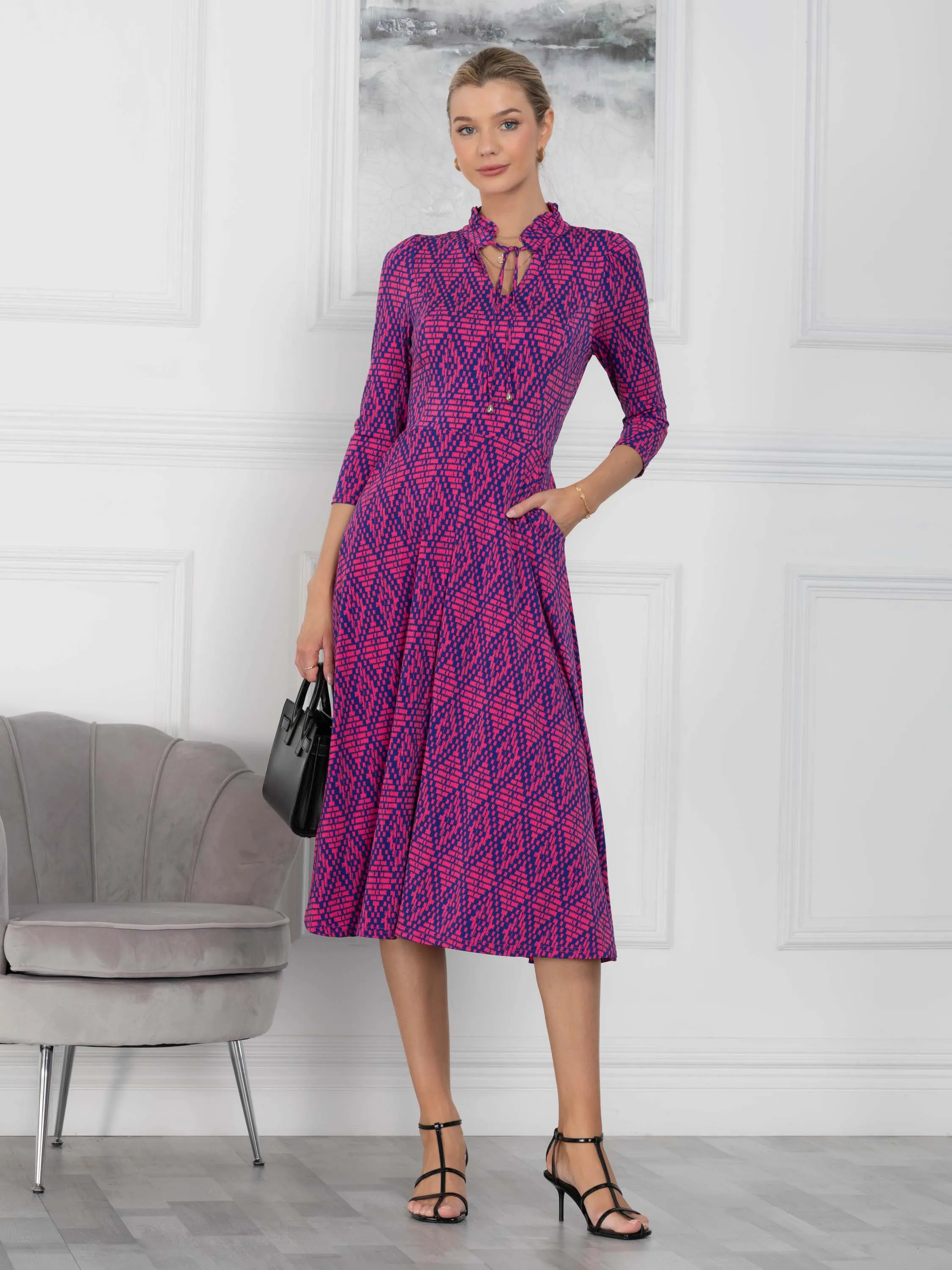 Jennifer Tie Neck Midi Dress, Pink Multi