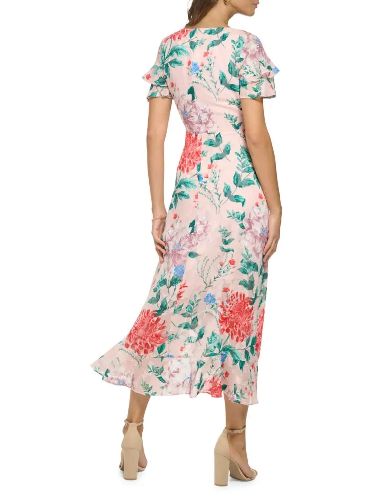 Kensie Floral Ruffle Midi Dress in Blush Multi