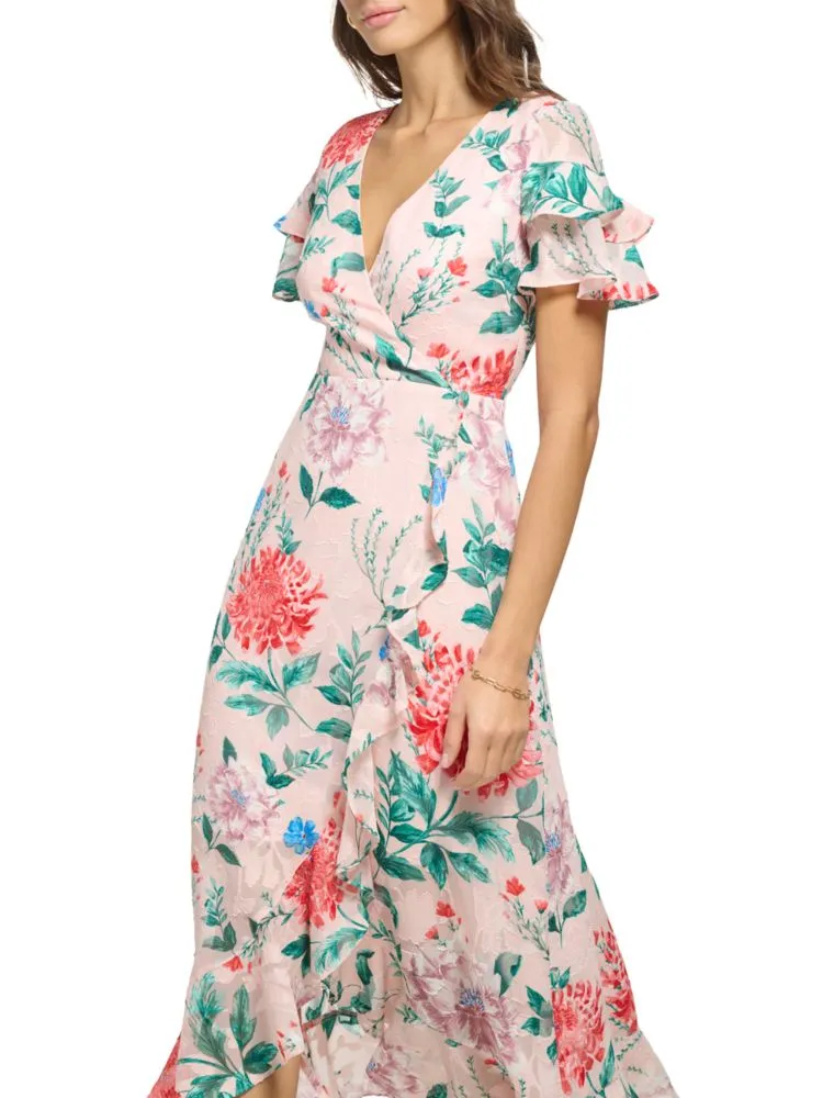 Kensie Floral Ruffle Midi Dress in Blush Multi
