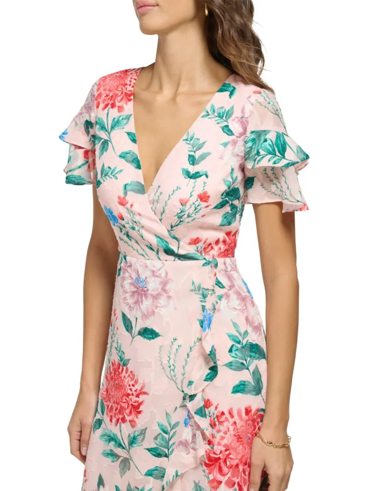Kensie Floral Ruffle Midi Dress in Blush Multi