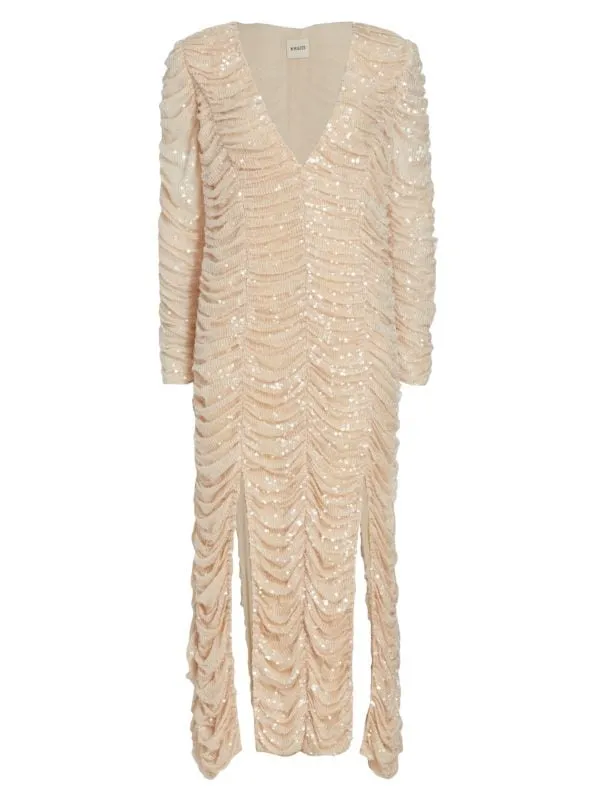 Lana Khaite midi dress with sequins and ruffles, beige