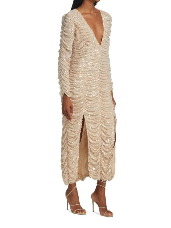 Lana Khaite midi dress with sequins and ruffles, beige
