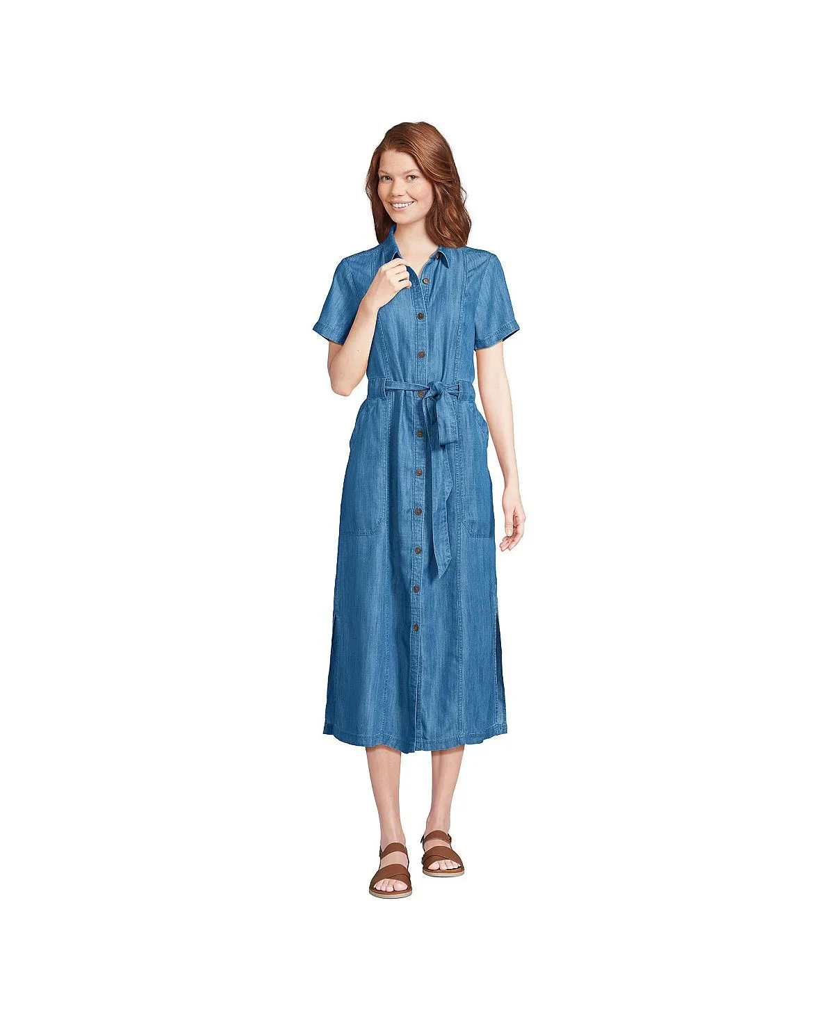 Lands' End Women's Indigo Tencel Button Front Midi Dress