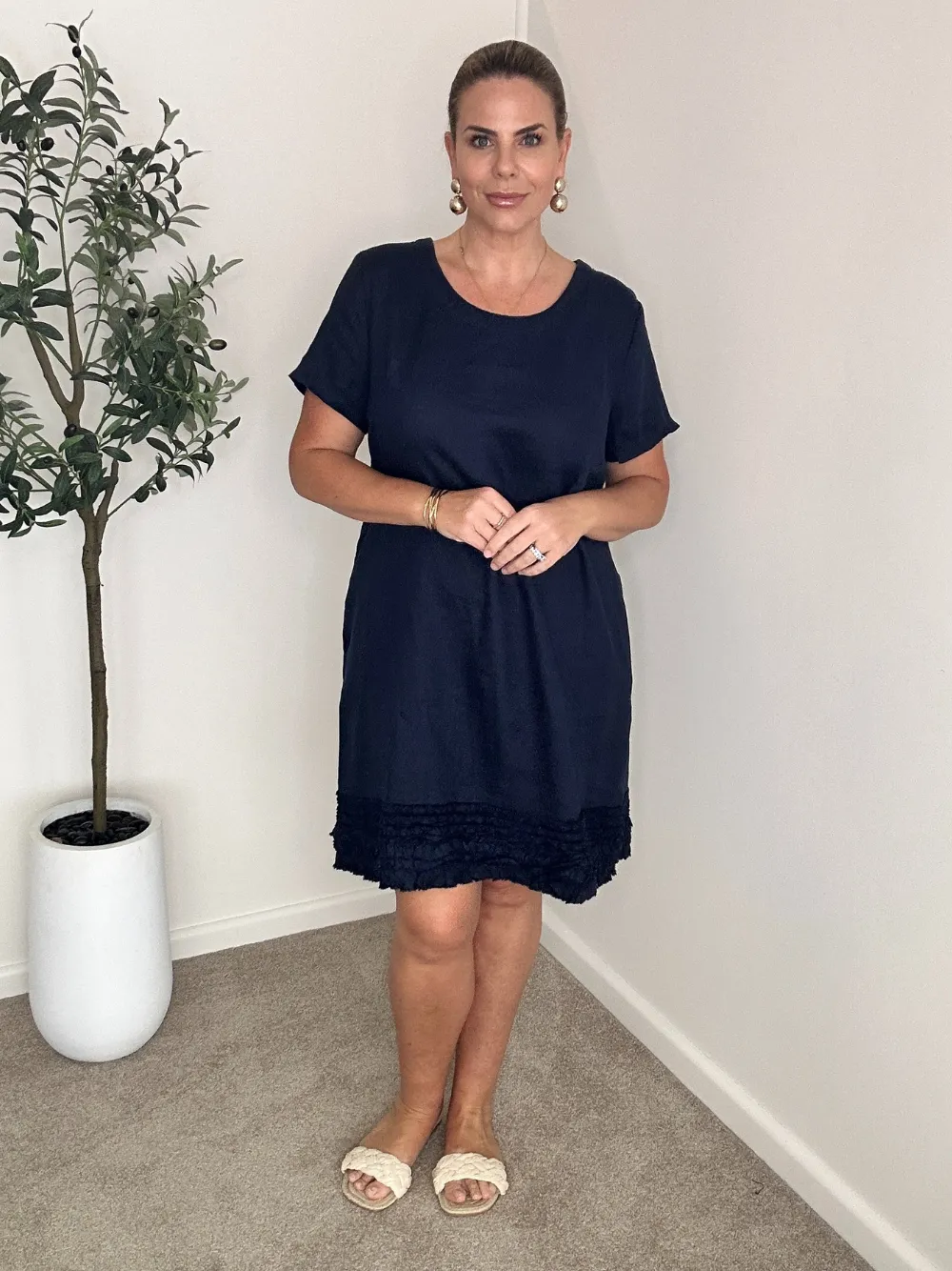 Linen Ruffle Hem Dress - Navy