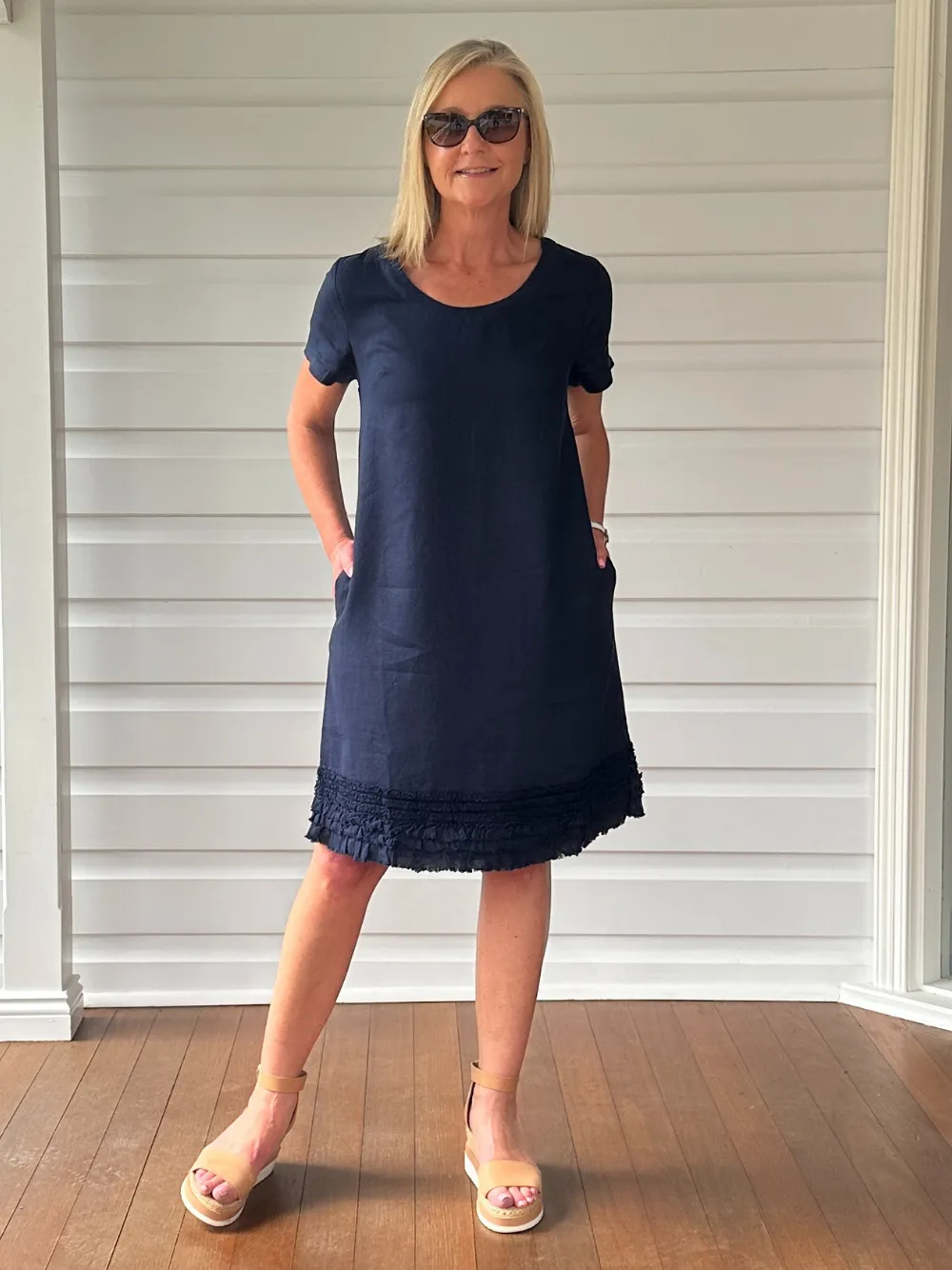 Linen Ruffle Hem Dress - Navy
