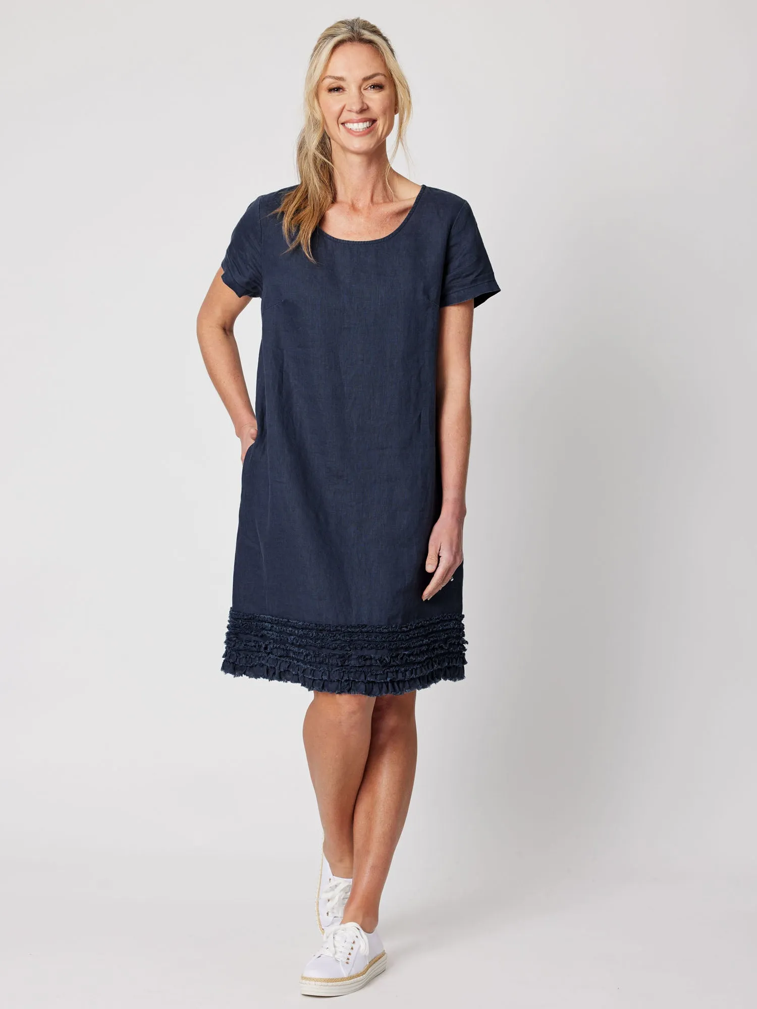 Linen Ruffle Hem Dress - Navy