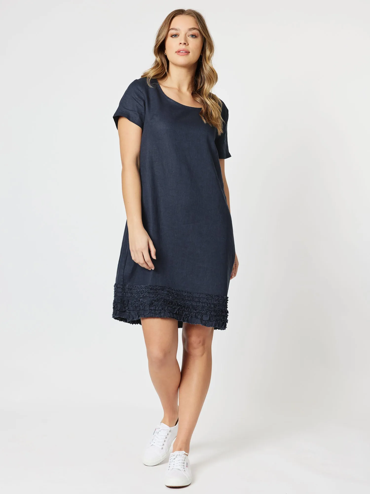 Linen Ruffle Hem Dress - Navy
