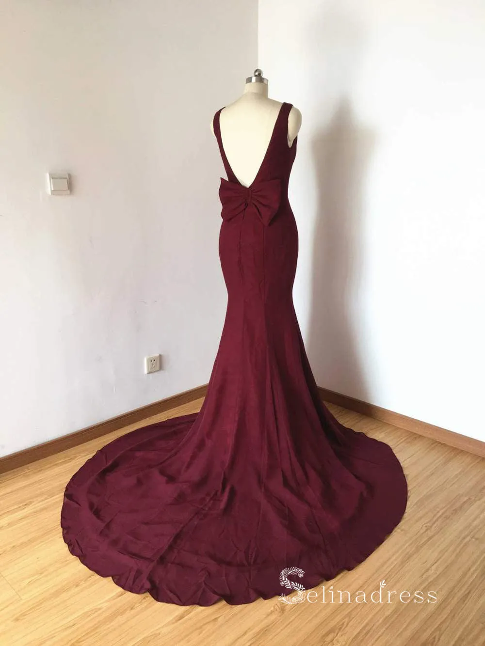 Mermaid Bateau Burgundy Bridesmaid Dress Cheap Satin Bridesmaid Dresses BRD011
