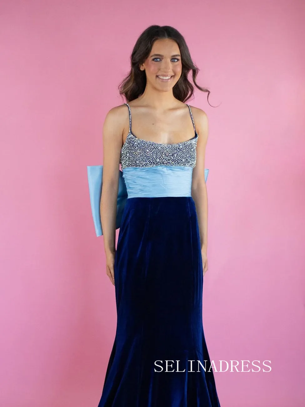 Mermaid Spaghetti Straps Sky Blue Beaded Long Prom Dress With Bowknot sew0603