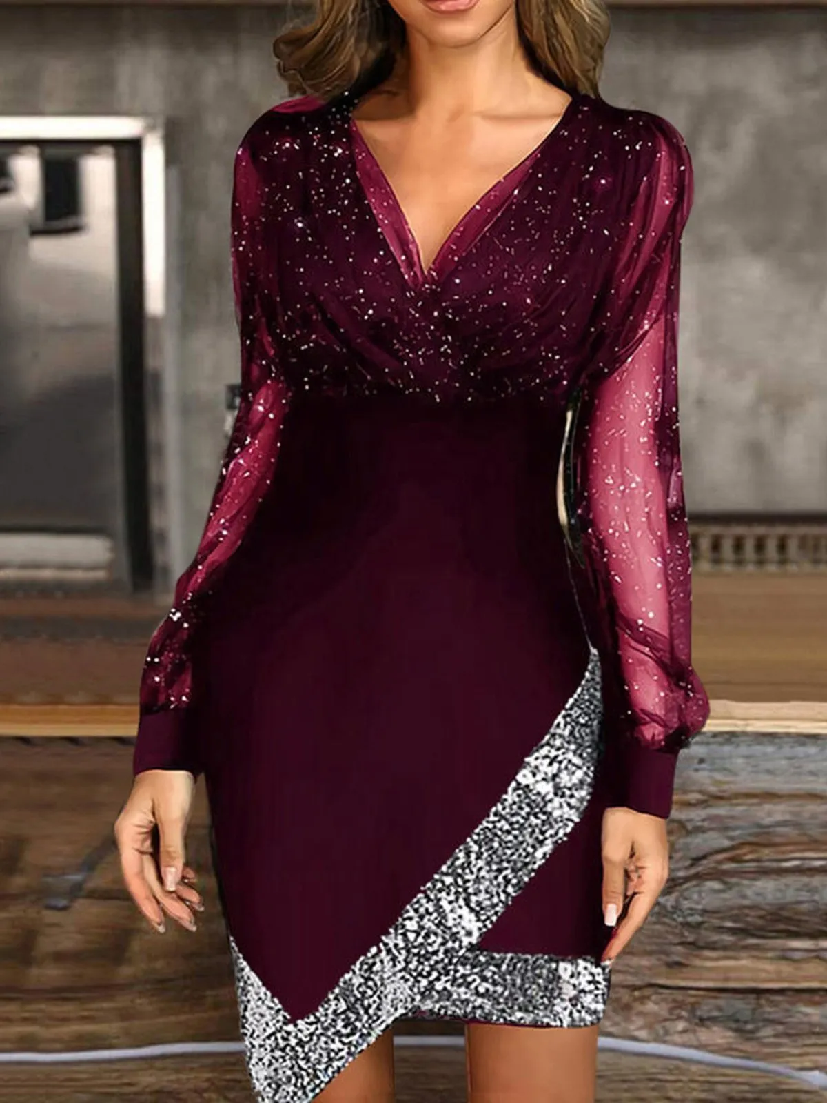 Mesh Stitching Tight-fit Irregular V Neck Dress Women