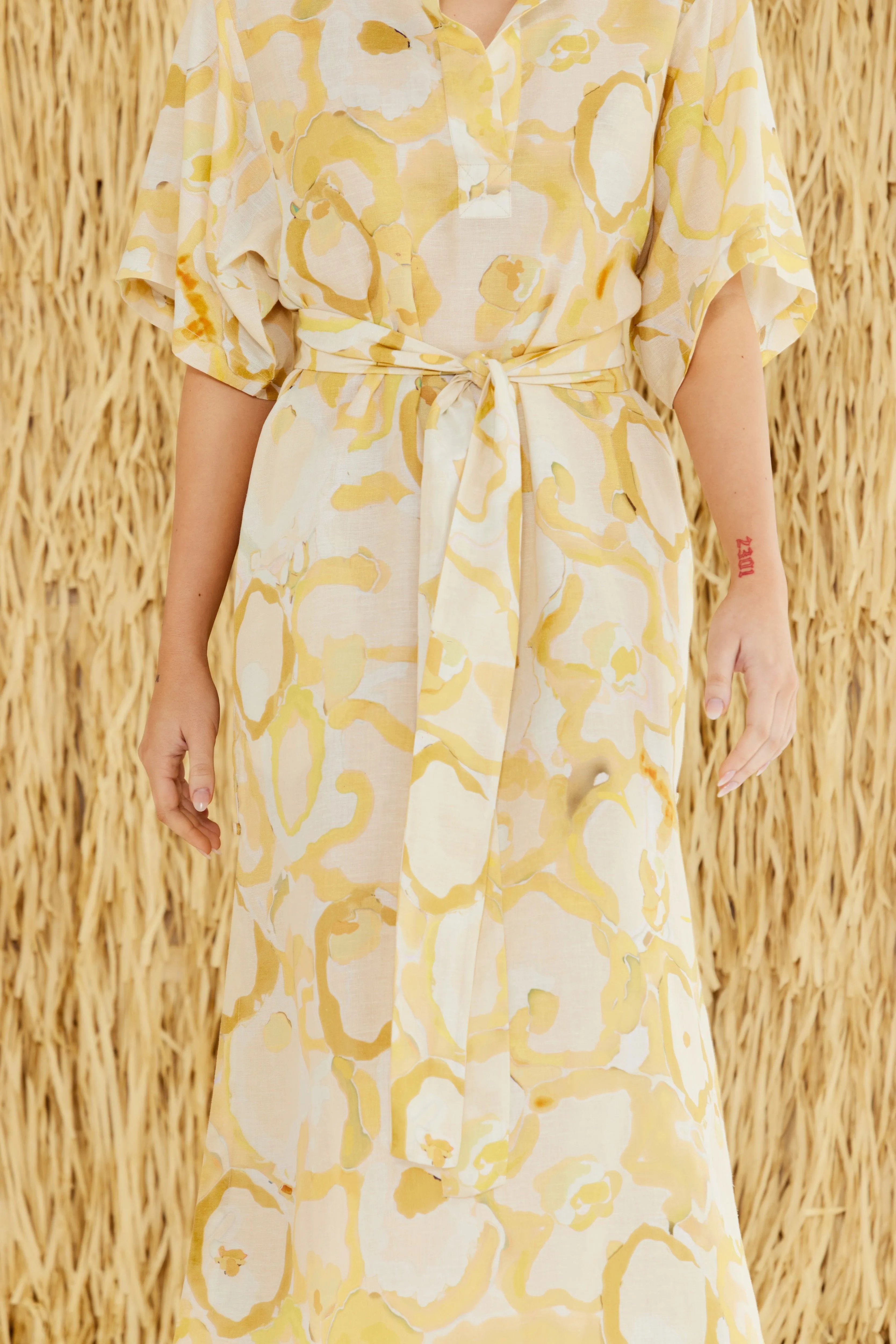 Miriam Yellow Print Cotton-Linen Dress