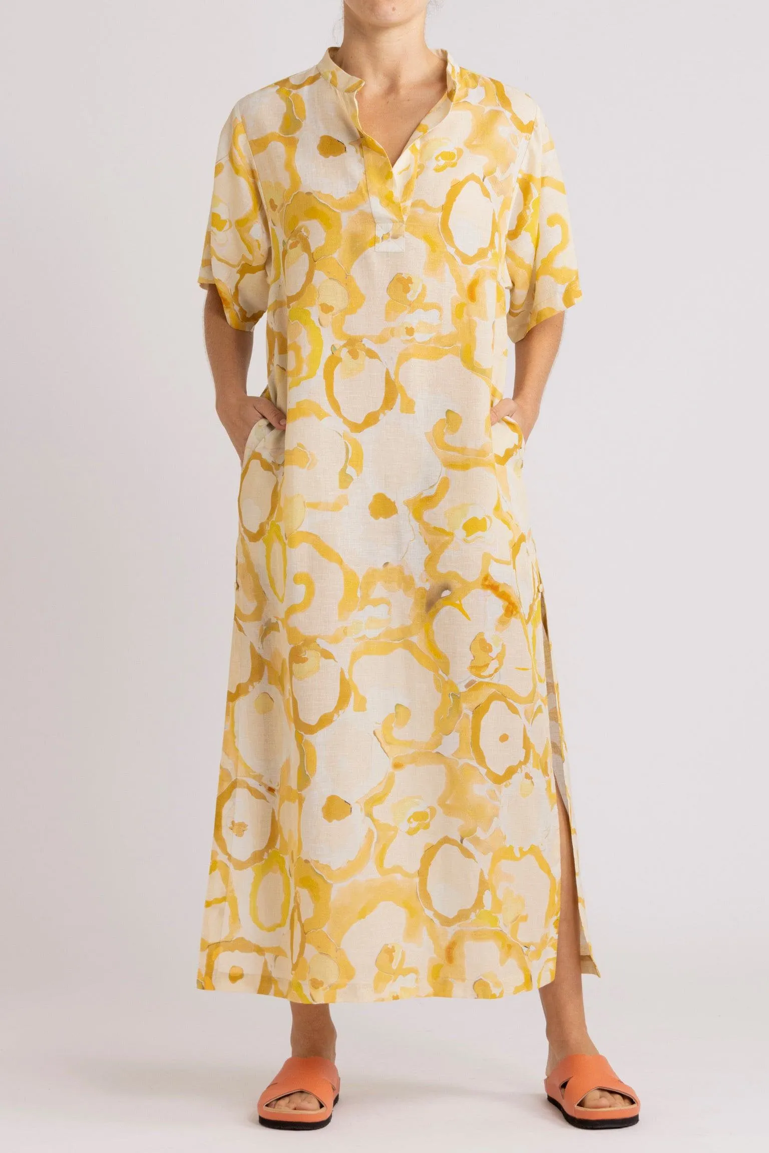 Miriam Yellow Print Cotton-Linen Dress