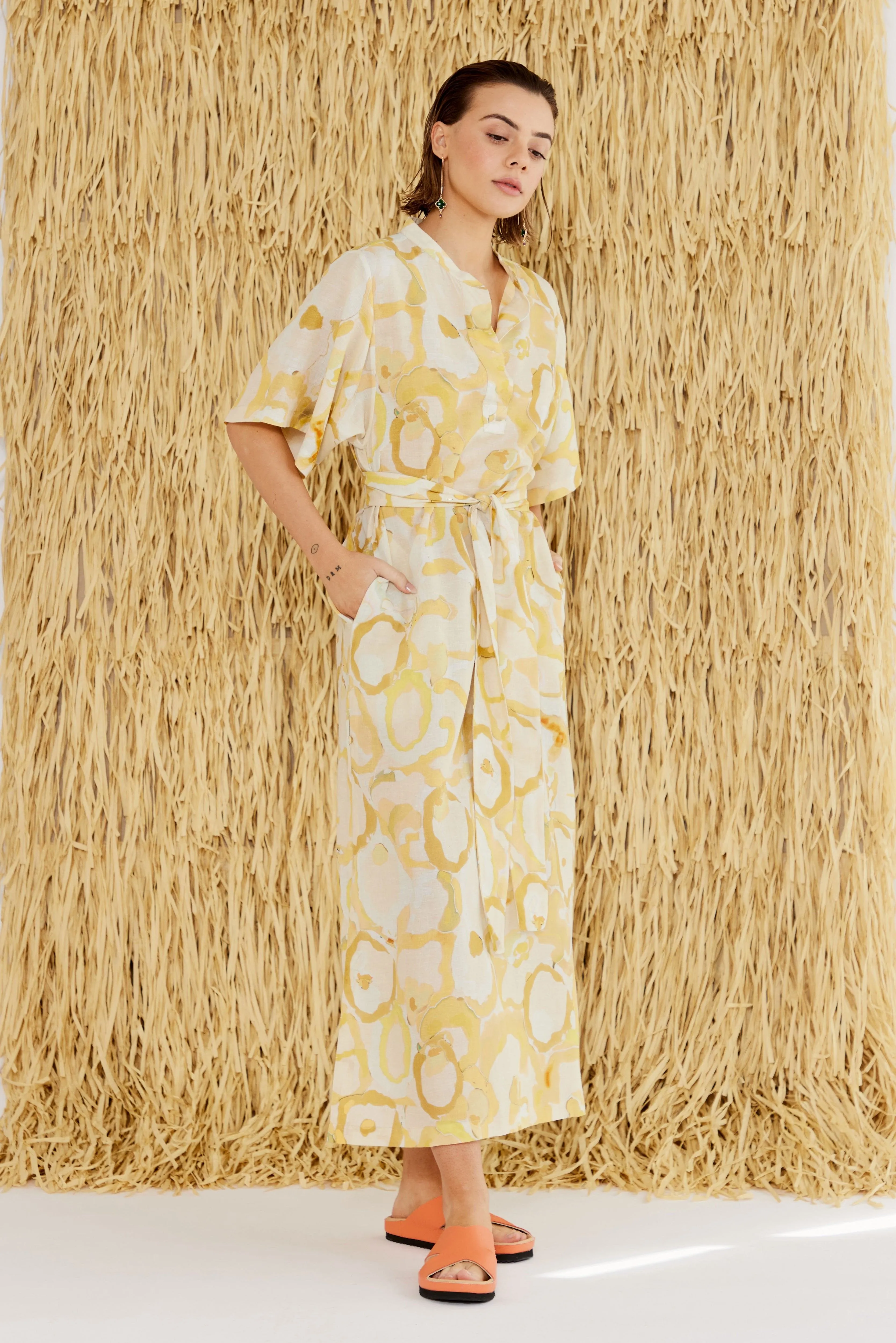 Miriam Yellow Print Cotton-Linen Dress