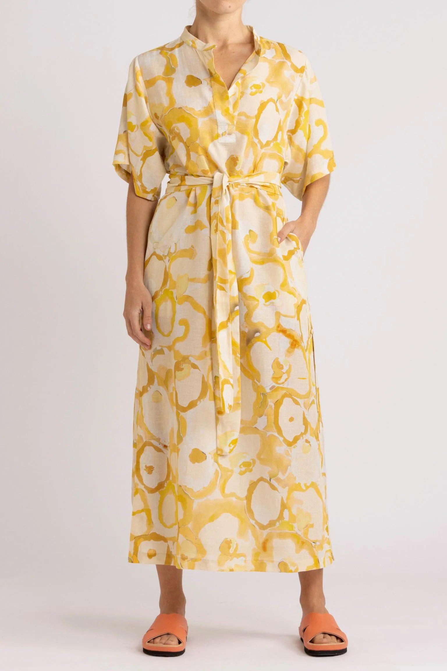 Miriam Yellow Print Cotton-Linen Dress