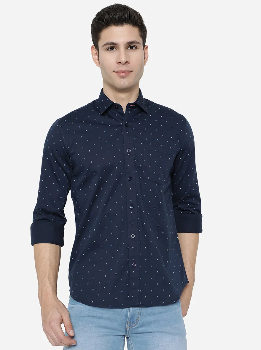 Navy Blue Printed Slim Fit Casual Shirt | JadeBlue
