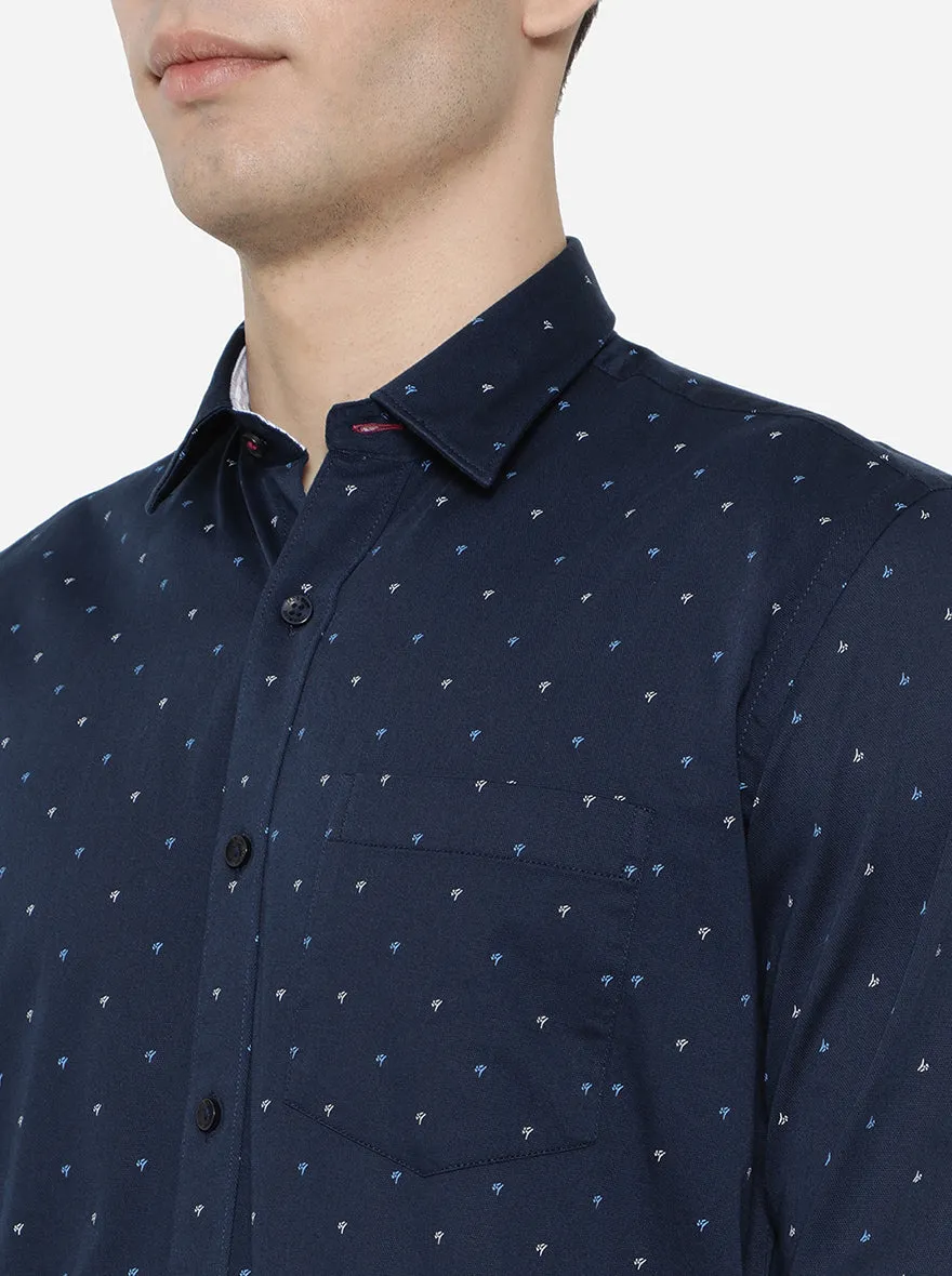 Navy Blue Printed Slim Fit Casual Shirt | JadeBlue