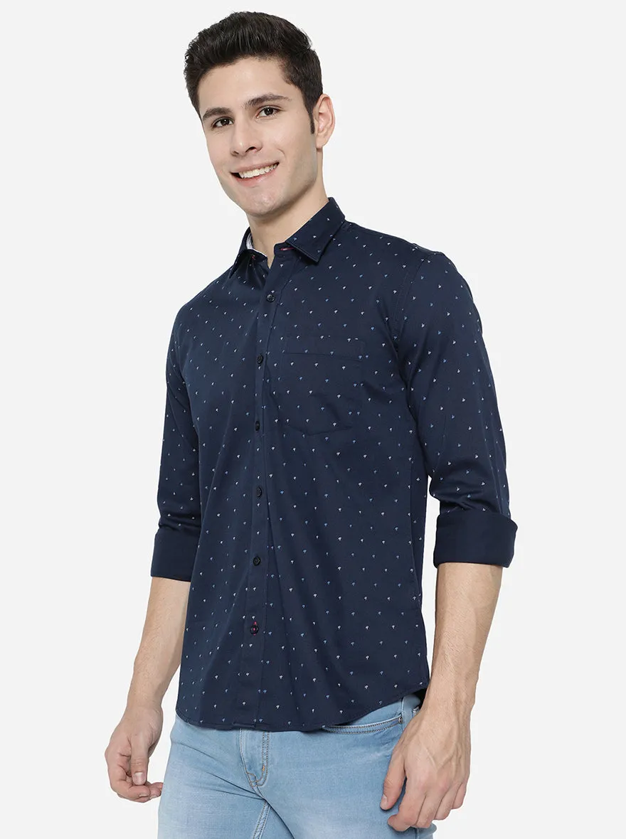 Navy Blue Printed Slim Fit Casual Shirt | JadeBlue