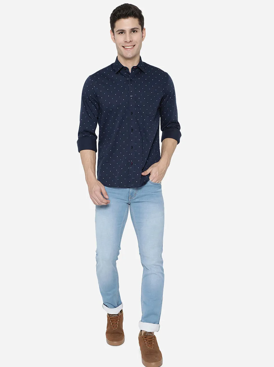 Navy Blue Printed Slim Fit Casual Shirt | JadeBlue