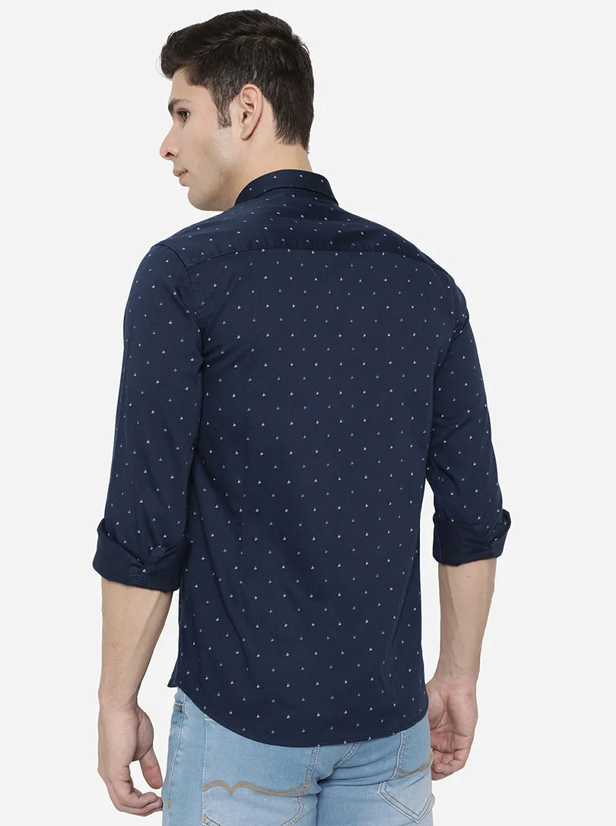 Navy Blue Printed Slim Fit Casual Shirt | JadeBlue