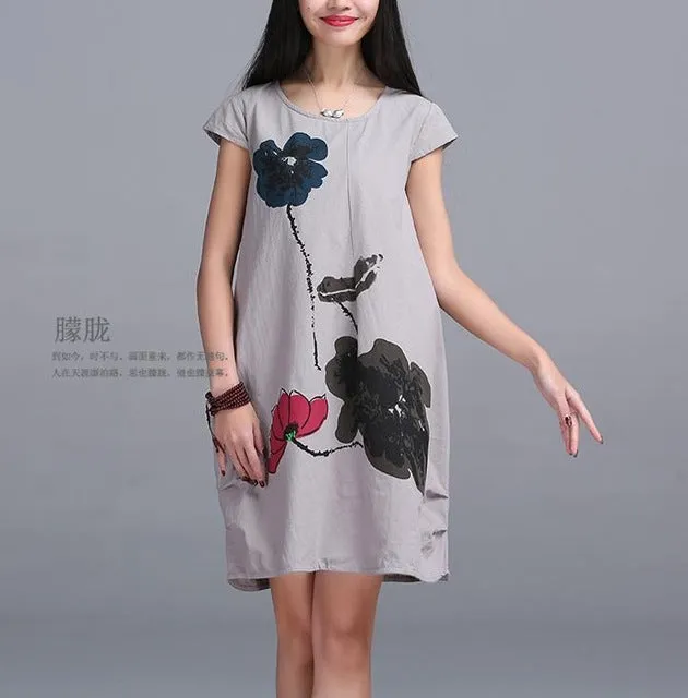 New Fashion 2017 Summer Arts style High Quality cotton linen Loose casual Women Dresses Vintage Ink Printing Short sleeve Dress