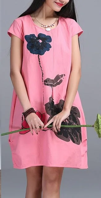 New Fashion 2017 Summer Arts style High Quality cotton linen Loose casual Women Dresses Vintage Ink Printing Short sleeve Dress