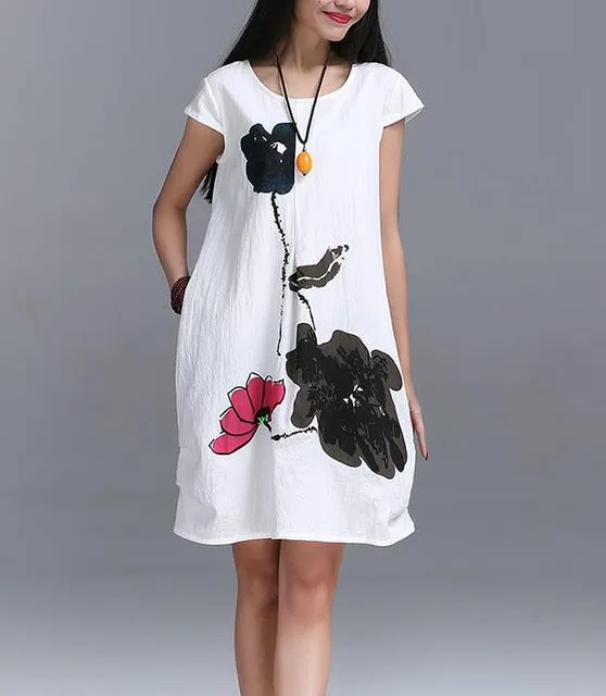 New Fashion 2017 Summer Arts style High Quality cotton linen Loose casual Women Dresses Vintage Ink Printing Short sleeve Dress