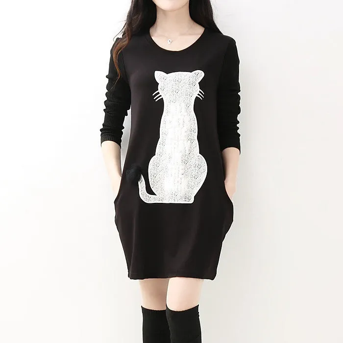 New style 3 colors cat print women dresses for autumn spring and winter