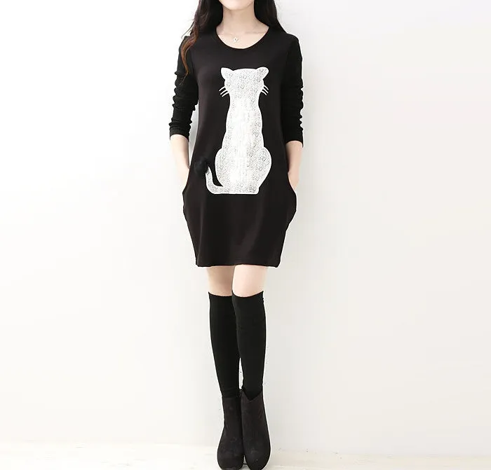 New style 3 colors cat print women dresses for autumn spring and winter