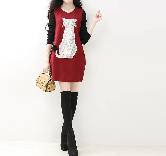 New style 3 colors cat print women dresses for autumn spring and winter