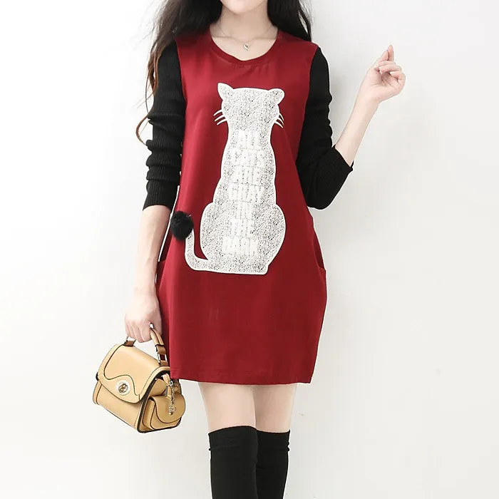 New style 3 colors cat print women dresses for autumn spring and winter