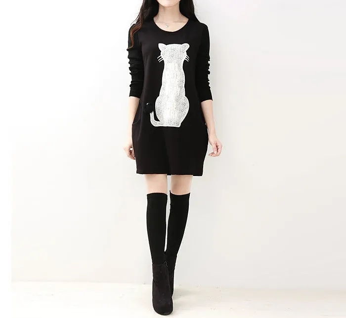 New style 3 colors cat print women dresses for autumn spring and winter