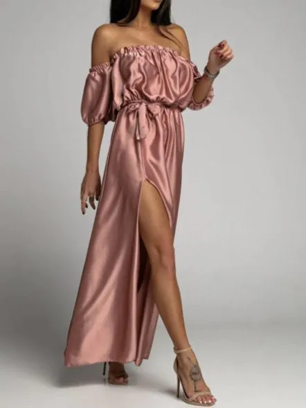 One-Shoulder Short Sleeve Slit Dress