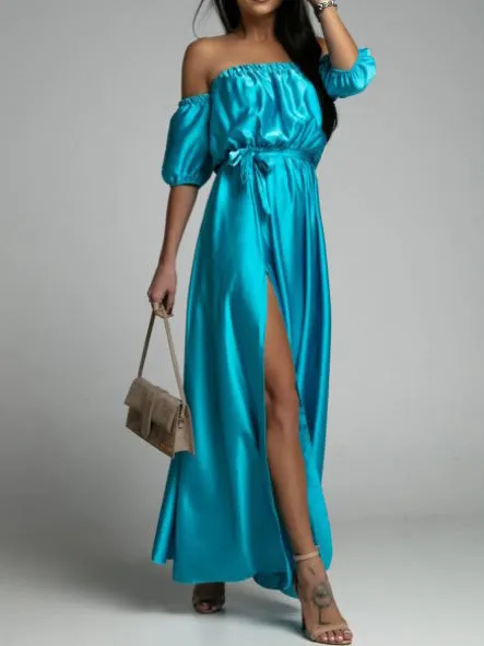 One-Shoulder Short Sleeve Slit Dress