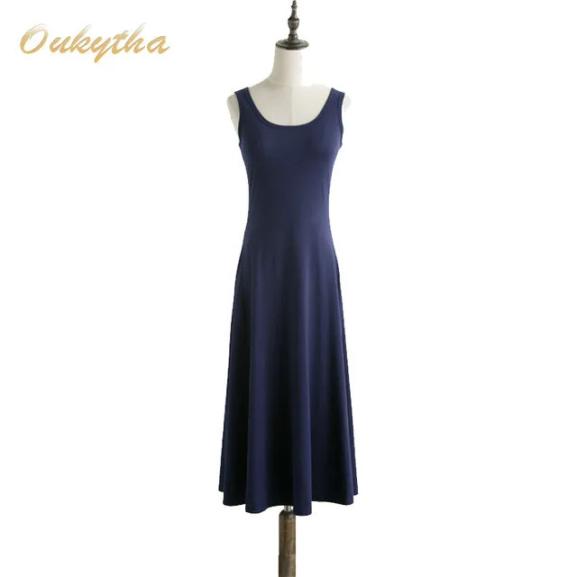 Oukytha Summer Dresses 2017 Ladies Maxi Dress High Waist Sleeveless Casual Vintage O-neck Knee-length Tank Dress Plus SizeQ16187