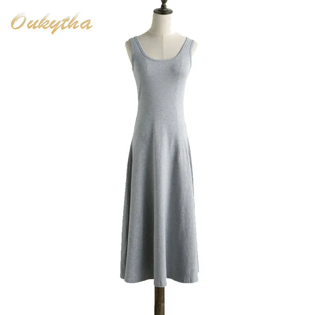 Oukytha Summer Dresses 2017 Ladies Maxi Dress High Waist Sleeveless Casual Vintage O-neck Knee-length Tank Dress Plus SizeQ16187