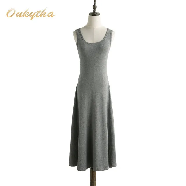 Oukytha Summer Dresses 2017 Ladies Maxi Dress High Waist Sleeveless Casual Vintage O-neck Knee-length Tank Dress Plus SizeQ16187