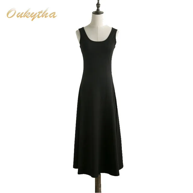 Oukytha Summer Dresses 2017 Ladies Maxi Dress High Waist Sleeveless Casual Vintage O-neck Knee-length Tank Dress Plus SizeQ16187