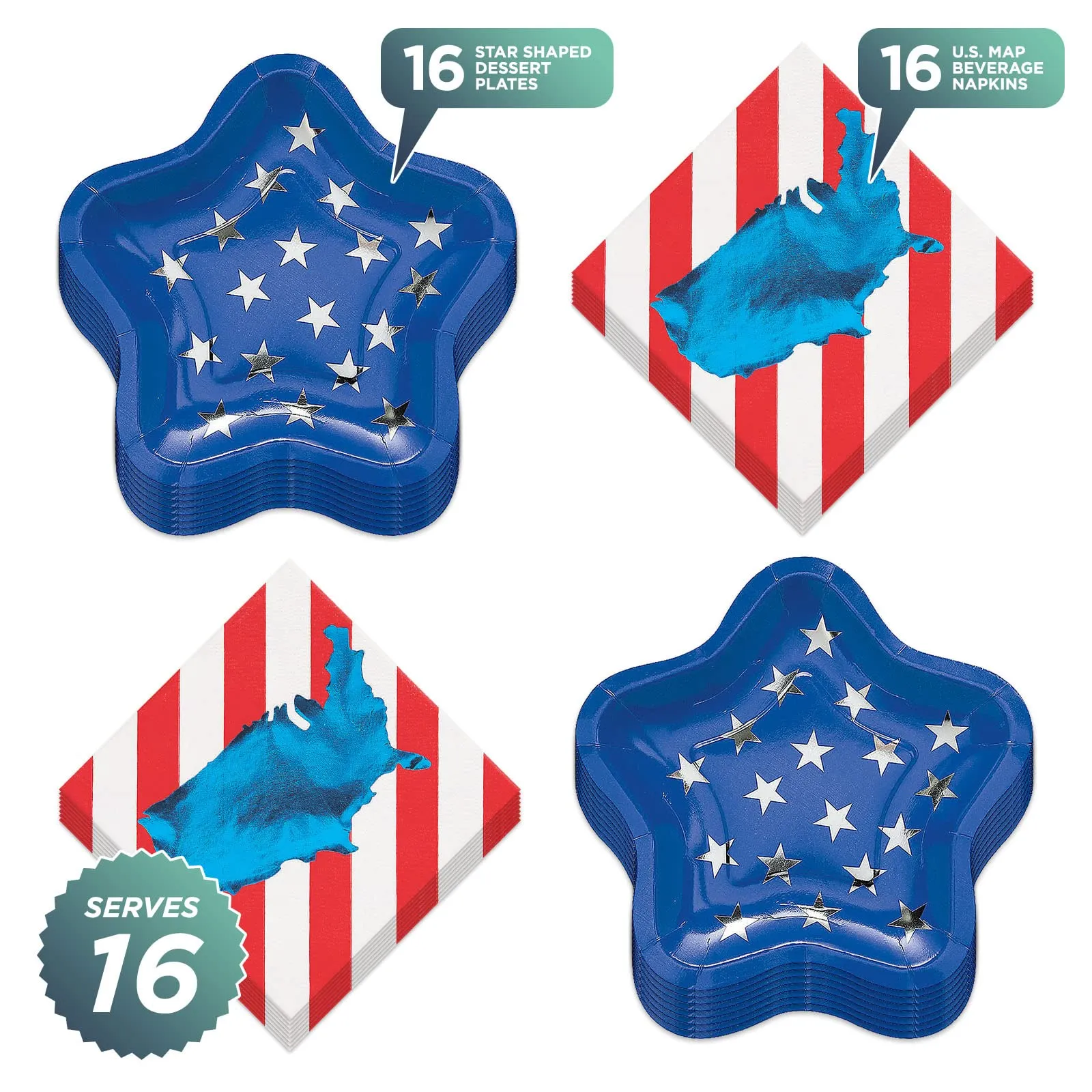 Patriotic Party Metallic Star Shaped Paper Dessert Plates and Striped Beverage Napkins (Serves 16)