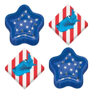 Patriotic Party Metallic Star Shaped Paper Dessert Plates and Striped Beverage Napkins (Serves 16)