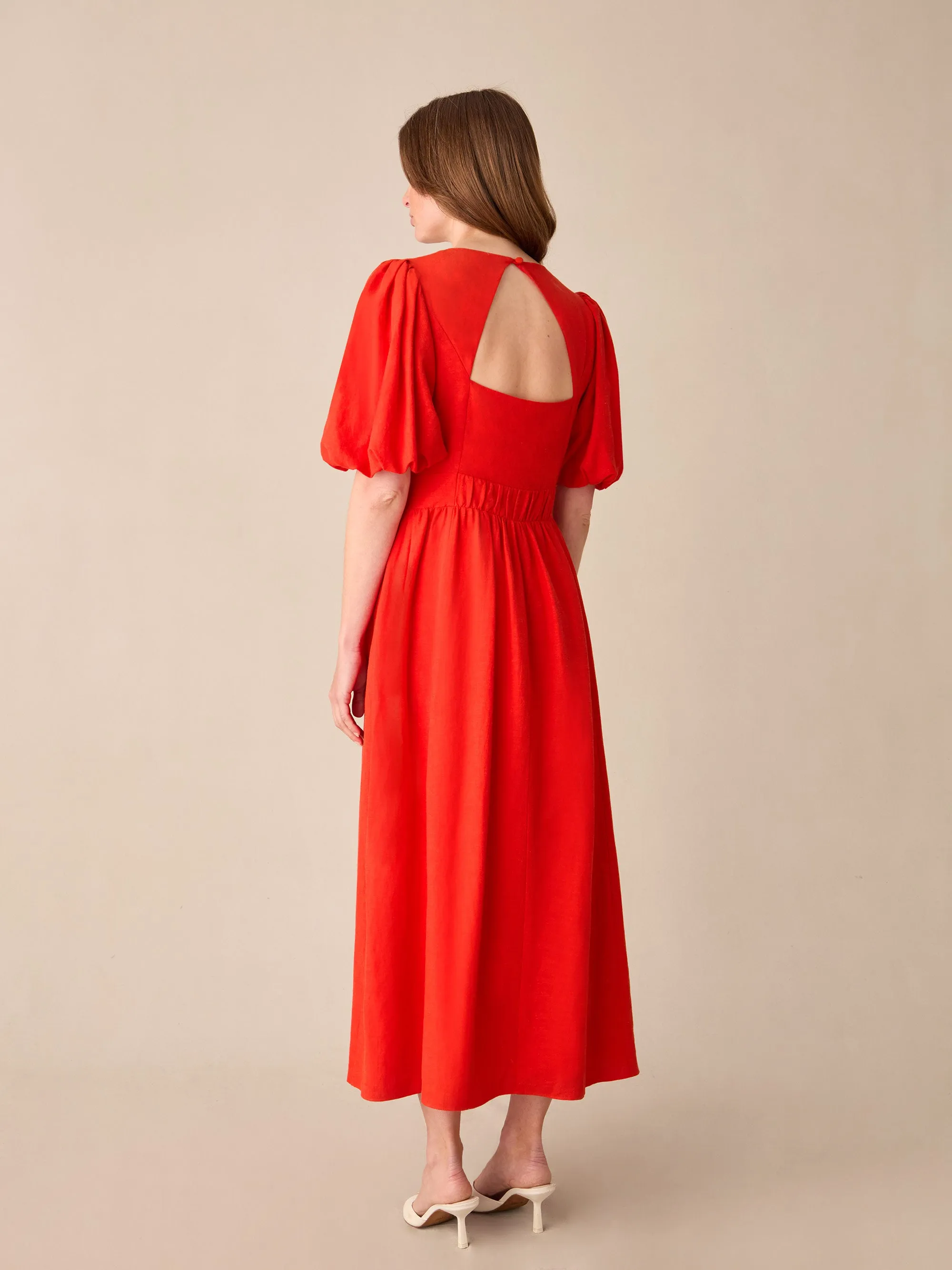 Petite Cara Red Linen-blend Puff Sleeve V-Neck Midi Dress