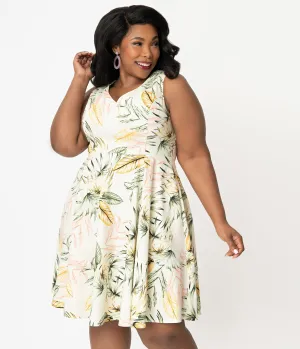 Plus Size 1950s Style Cream Palm Print Swing Dress