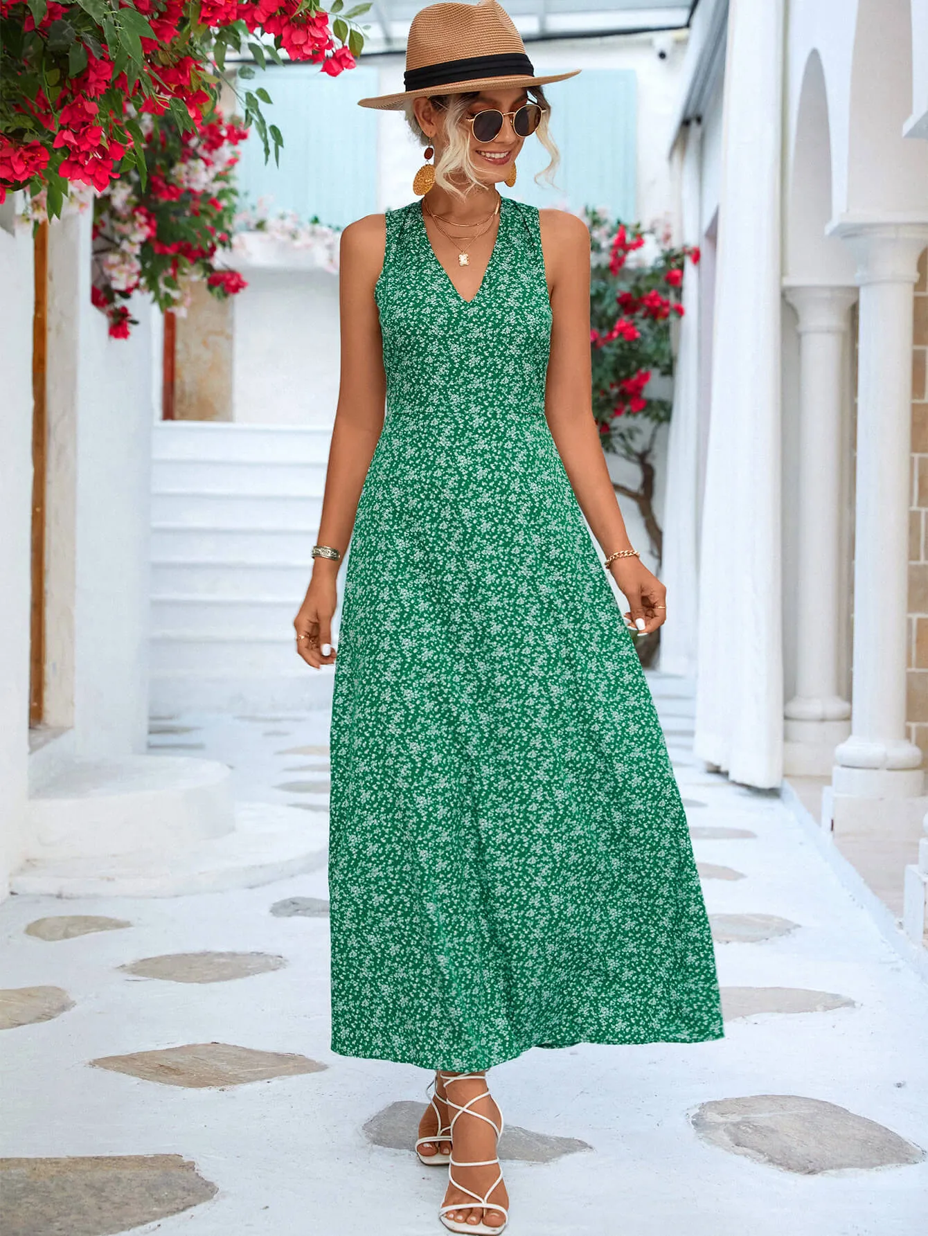 Printed Open Back Sleeveless Maxi Dress