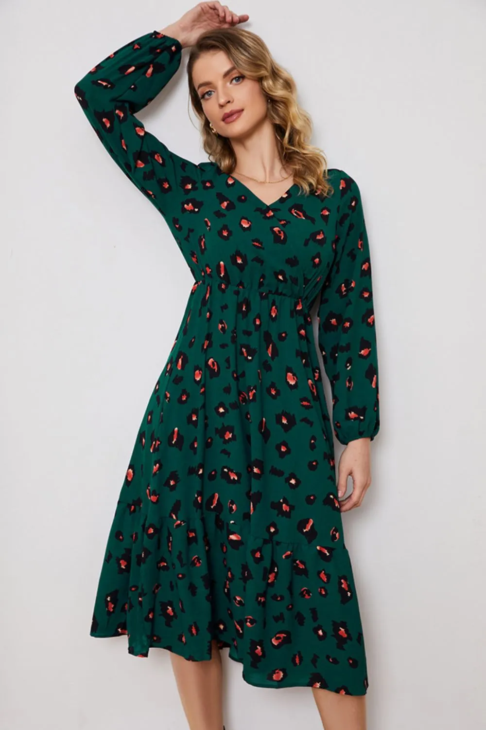 Printed Surplice Neck Long Sleeve Dress (BWD)(WS06)T