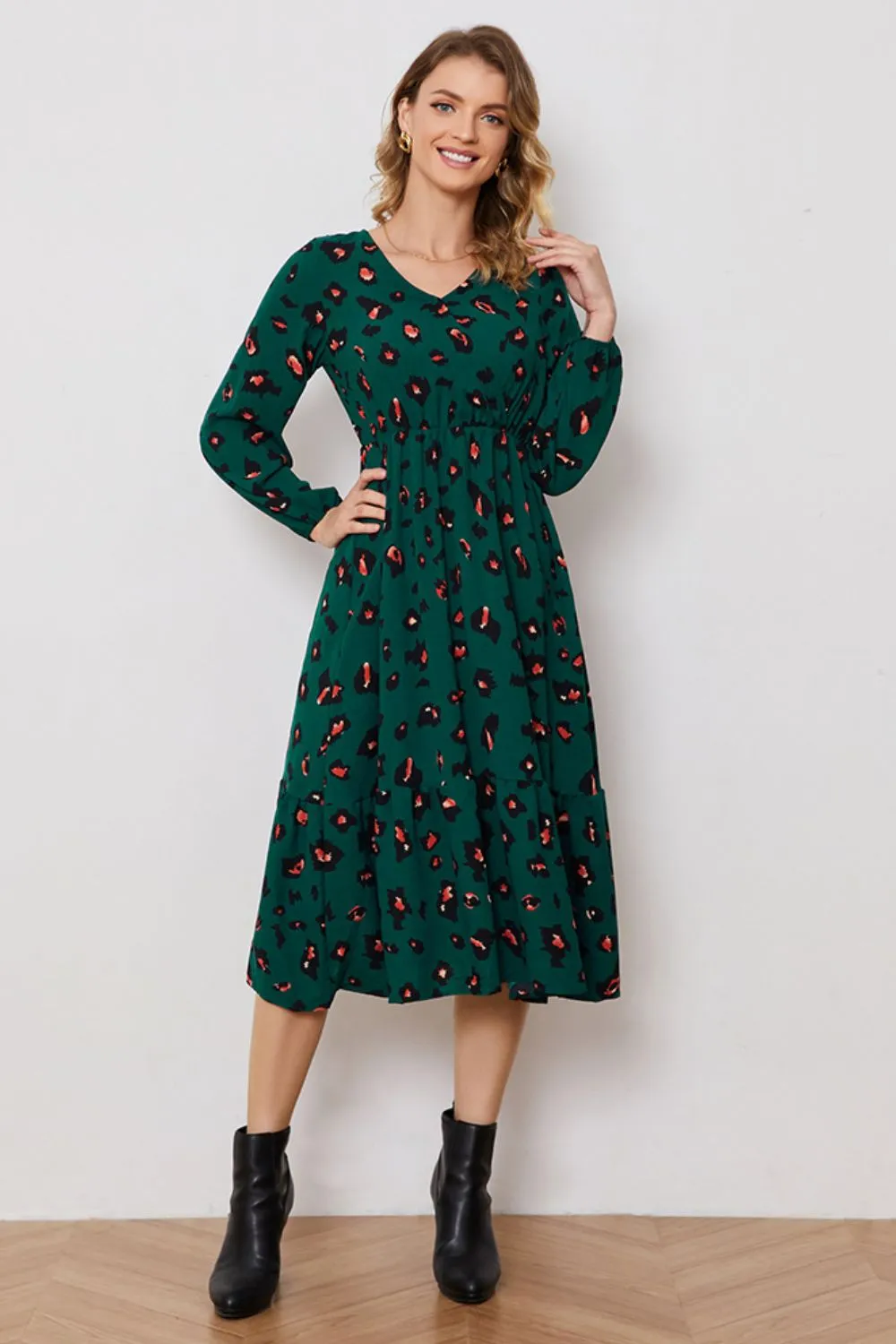 Printed Surplice Neck Long Sleeve Dress (BWD)(WS06)T