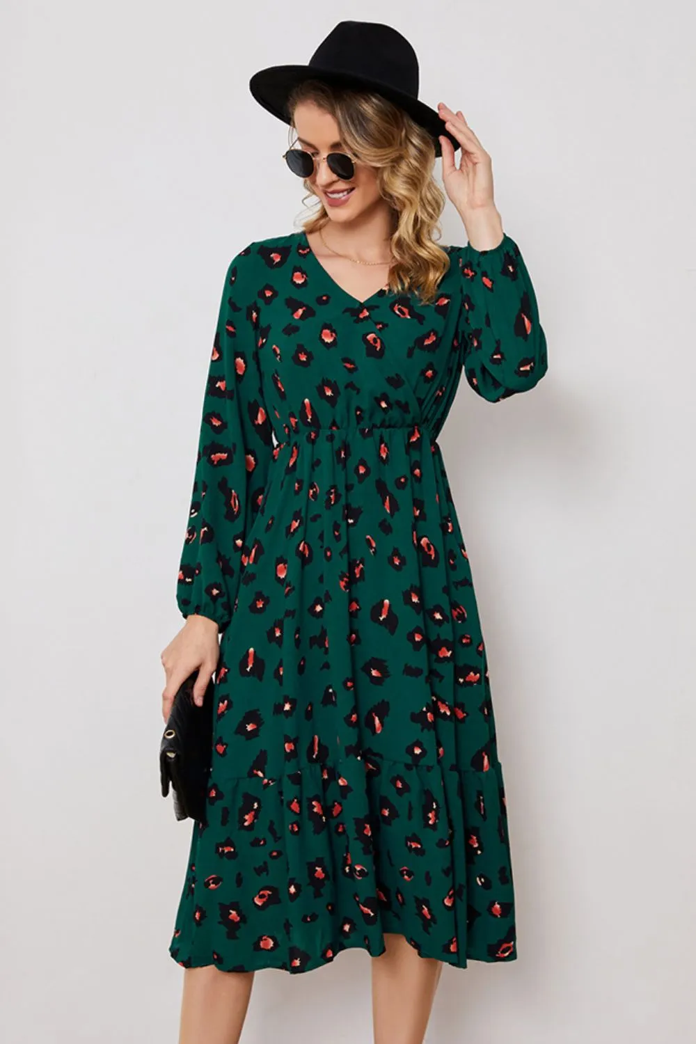 Printed Surplice Neck Long Sleeve Dress (BWD)(WS06)T
