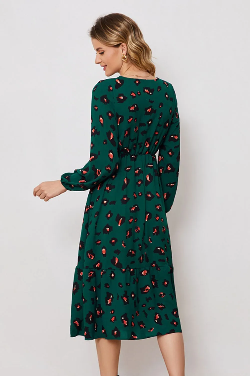 Printed Surplice Neck Long Sleeve Dress (BWD)(WS06)T