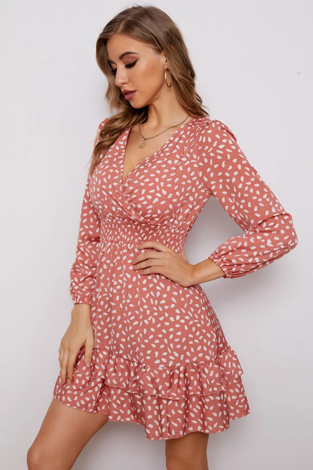 Printed Surplice Neck Puff Sleeve Ruffle Hem Dress (BWD)(WS06)T